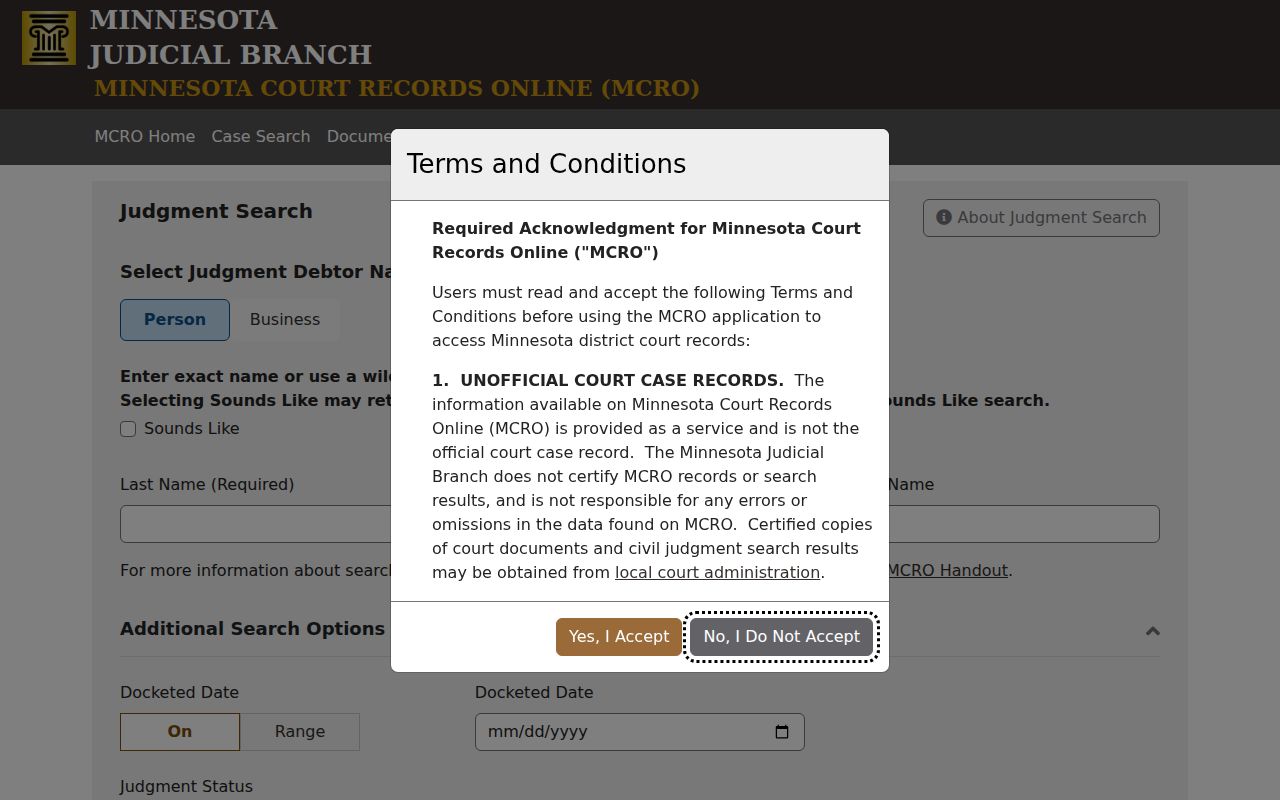 Norman County civil docket MCRO Judgment Search