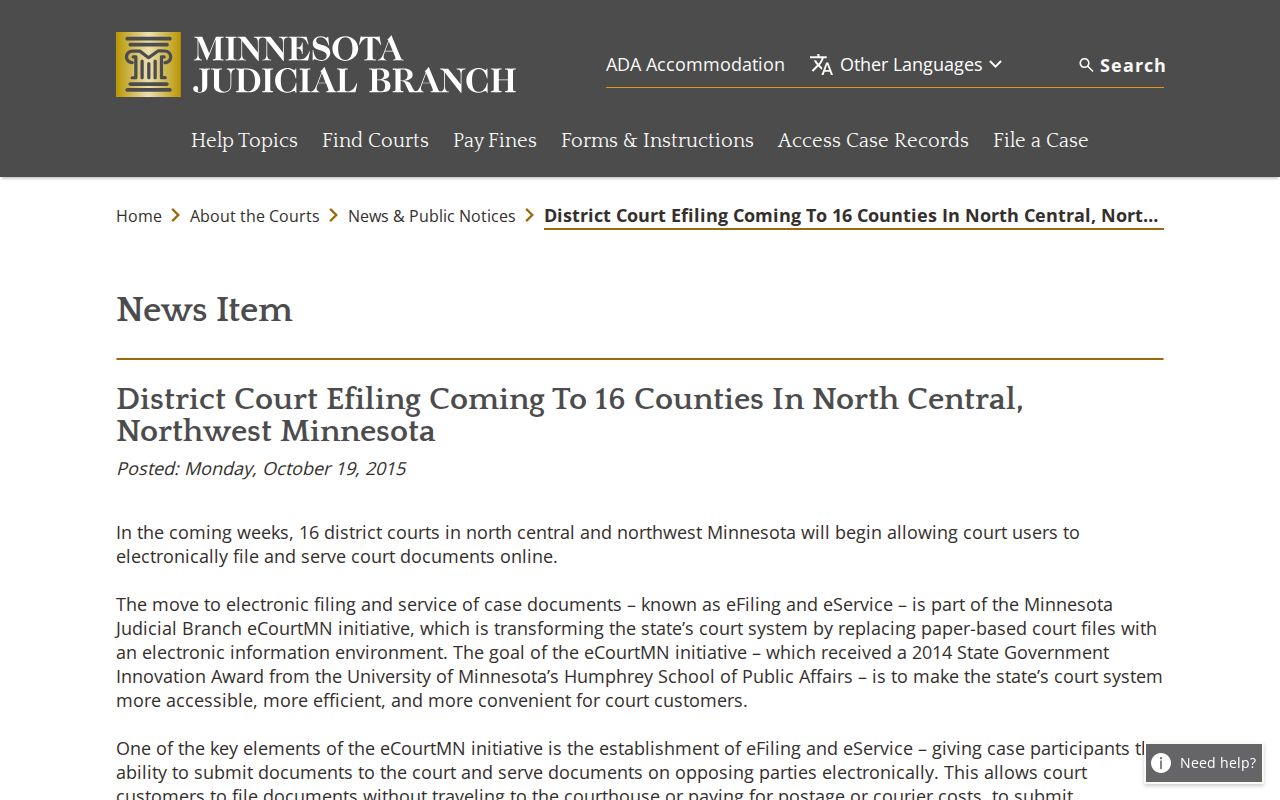 Norman County court records eFile and eService announcement