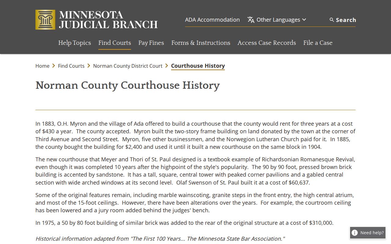 Norman County court docket courthouse history source